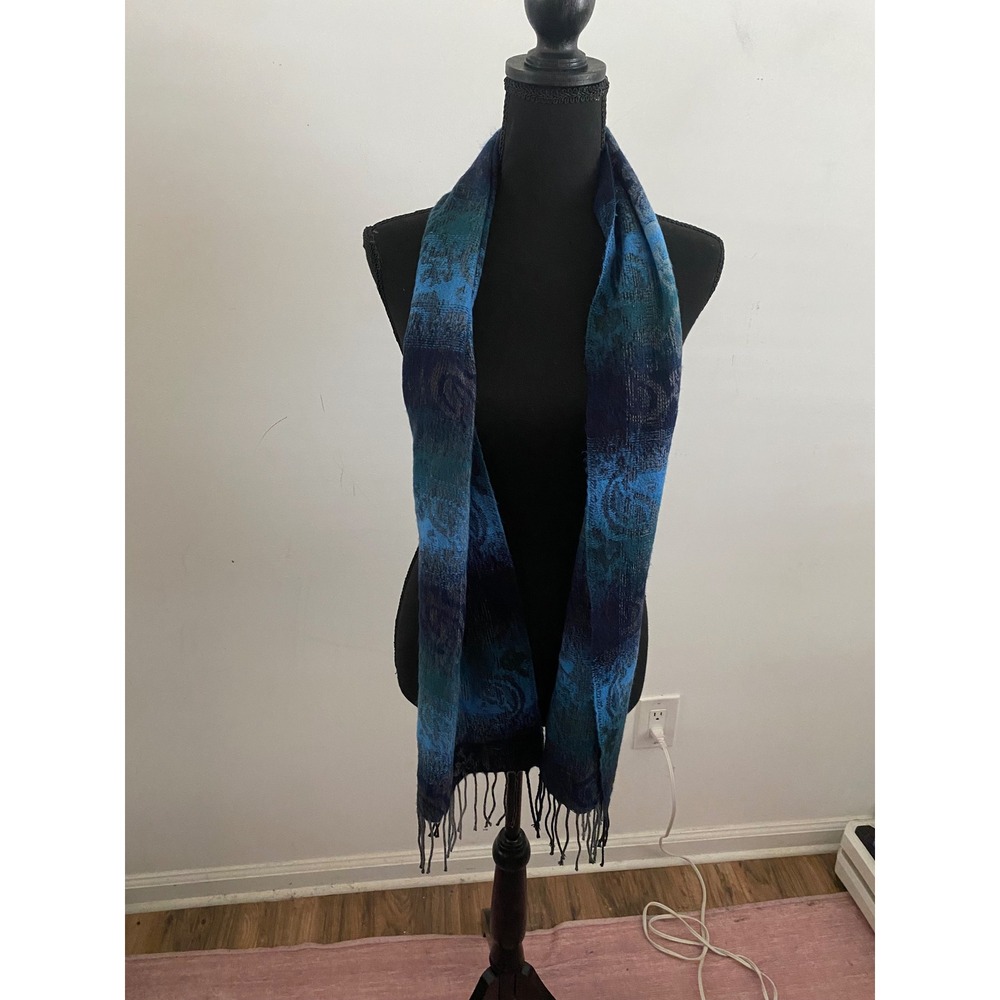 Cejon‎ Scarf Womens Blue Navy Teal Paisley Made in Italy Acrylic Fringed Wrap